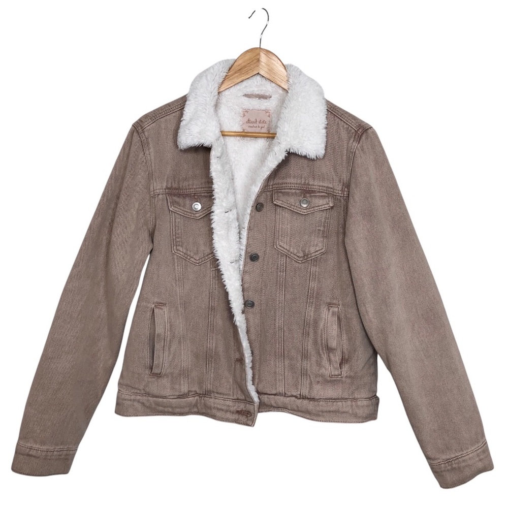 Altar’d State Cotton Taupe Wash Soft Fur Lined Cropped Trucker Denim Jacket M